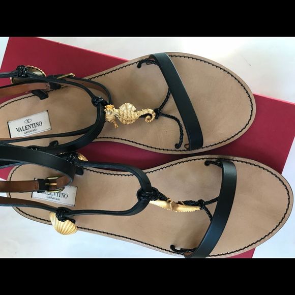 Valentino Black Leather Sea Element Sandals 40/10 - Picture 6 of 14